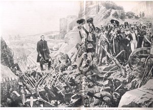 バダホスの撮影、「陸と海でのイギリスの戦い」のイラスト、ロンドン、カッセル発行、1910年